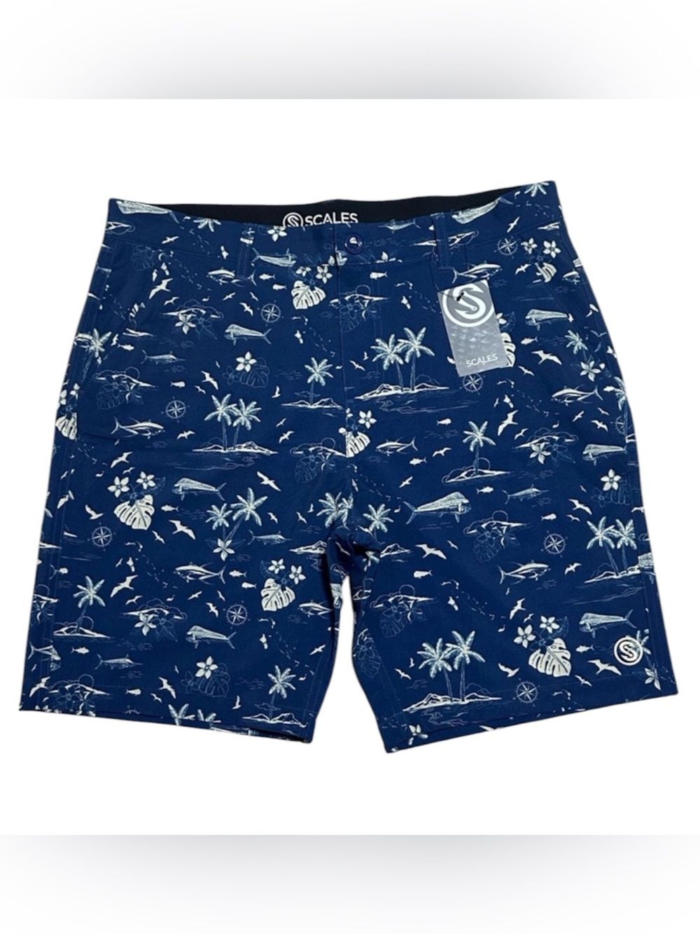 SCALES Never A Tourist hybrid walkshorts navy blue tropical print size 34 NEW